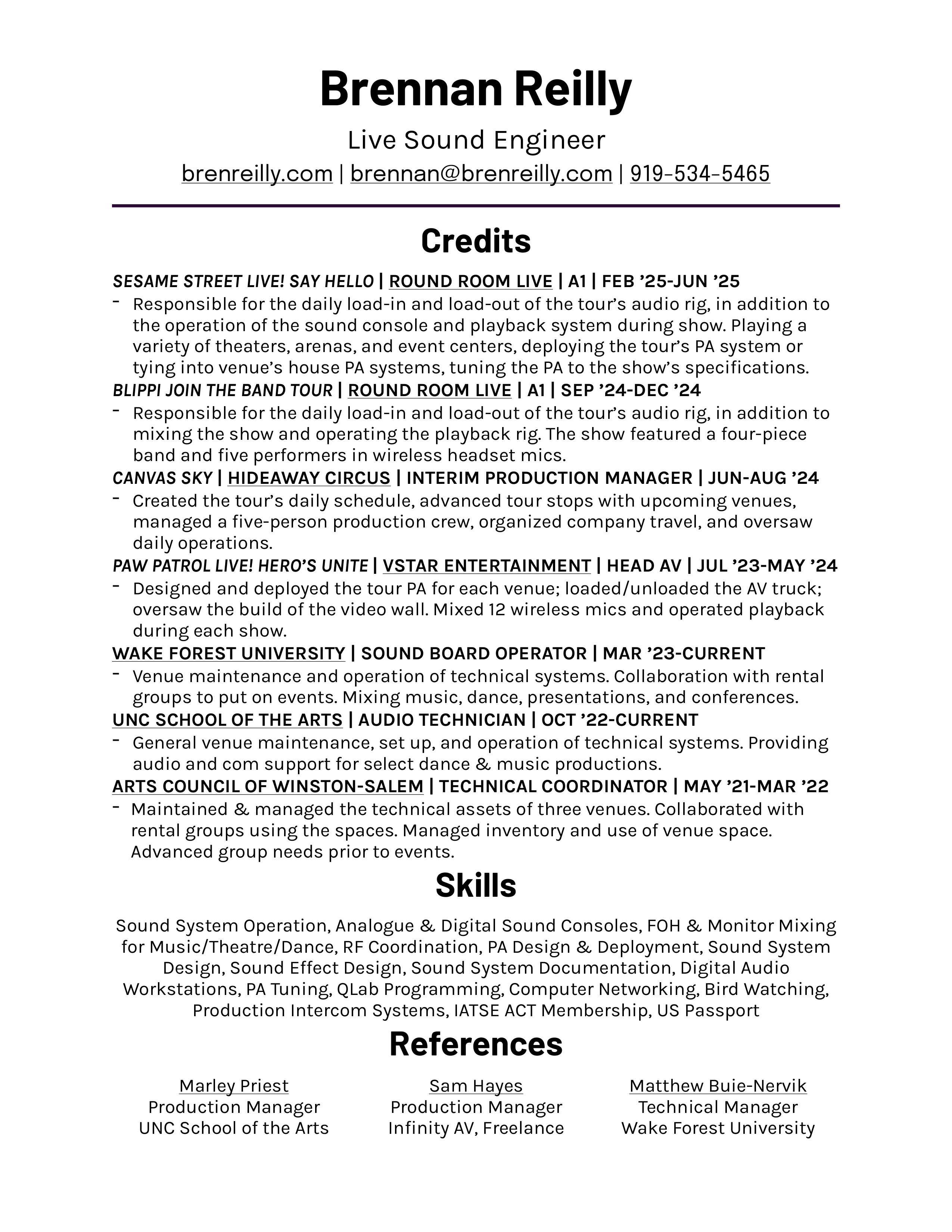 Preview of Brennan Reilly's professional resume showing work experience and skills